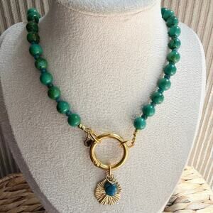 19.5" Beaded Gemstone Necklace, Turquoise Mangasite, Neon Blue Apetite, Charms